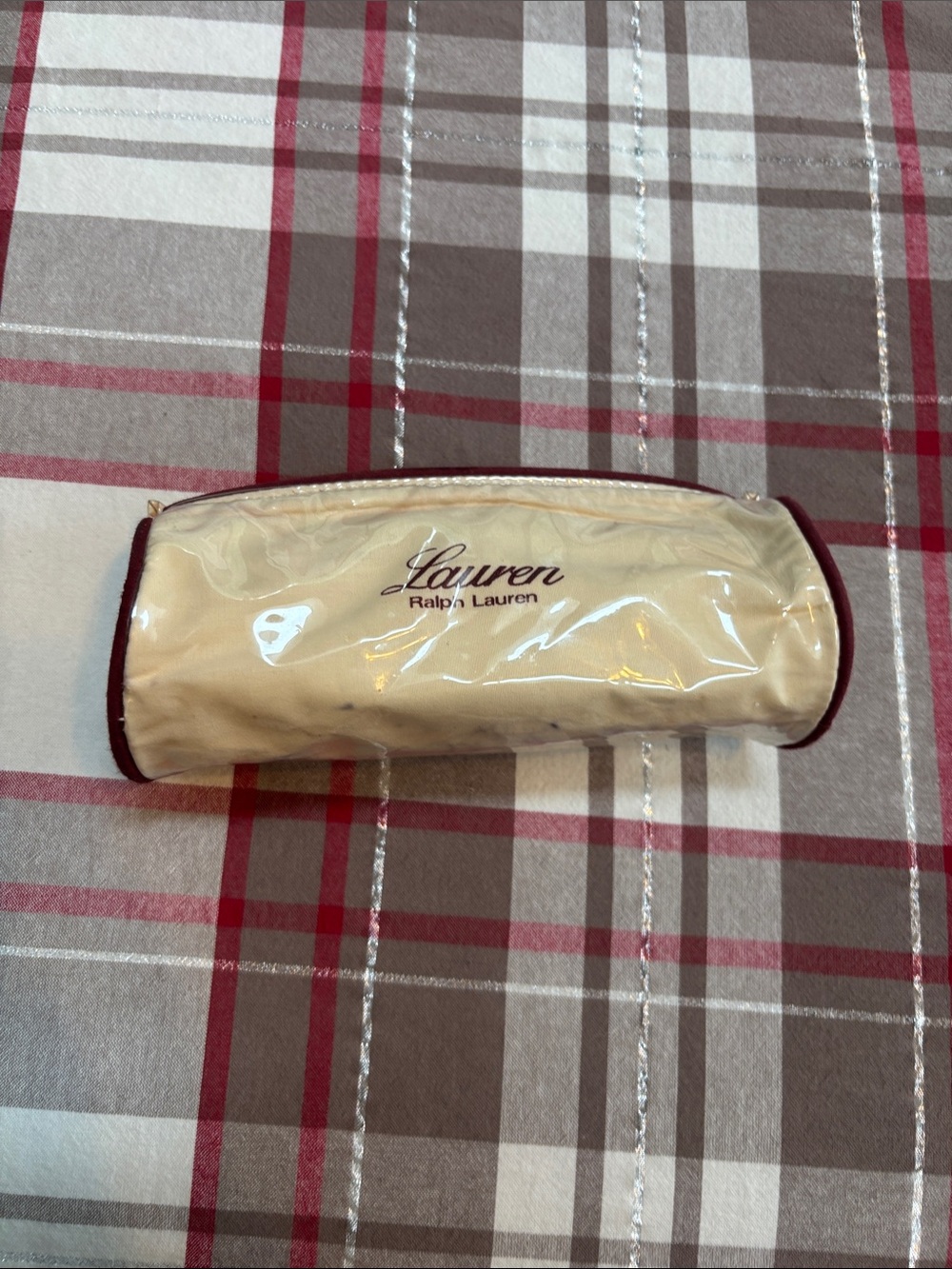 Vintage Lauren Ralph Lauren Cream Cosmetic Case with Burgundy Trim